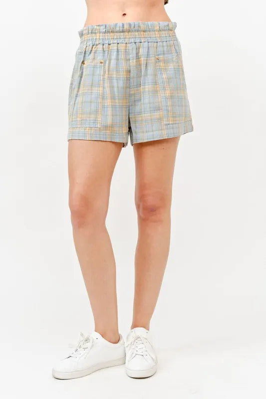And The Why Plaid Print Smocked Detail Casual Shorts