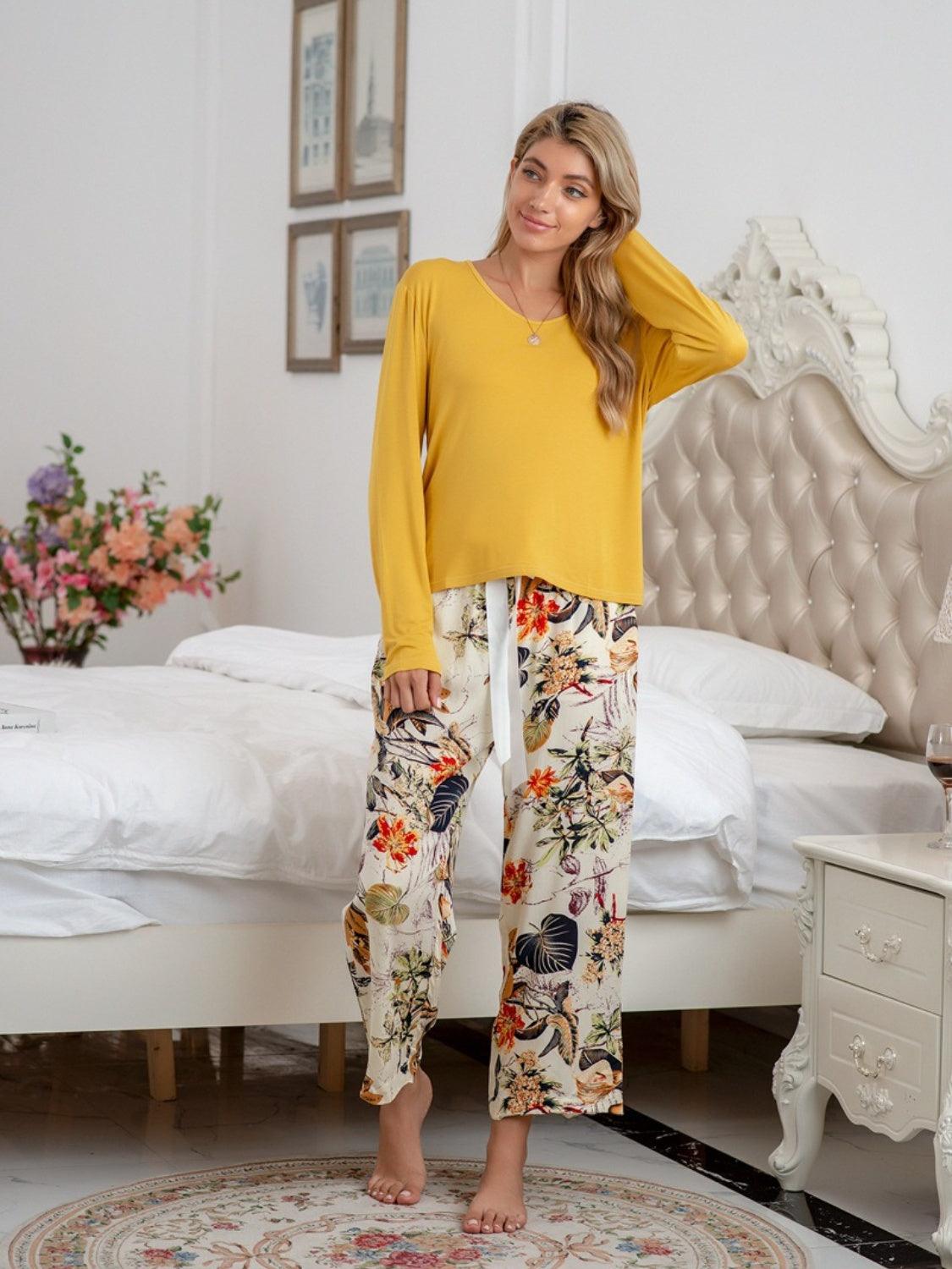 Round Neck Top and Printed Pants Lounge Set Yellow
