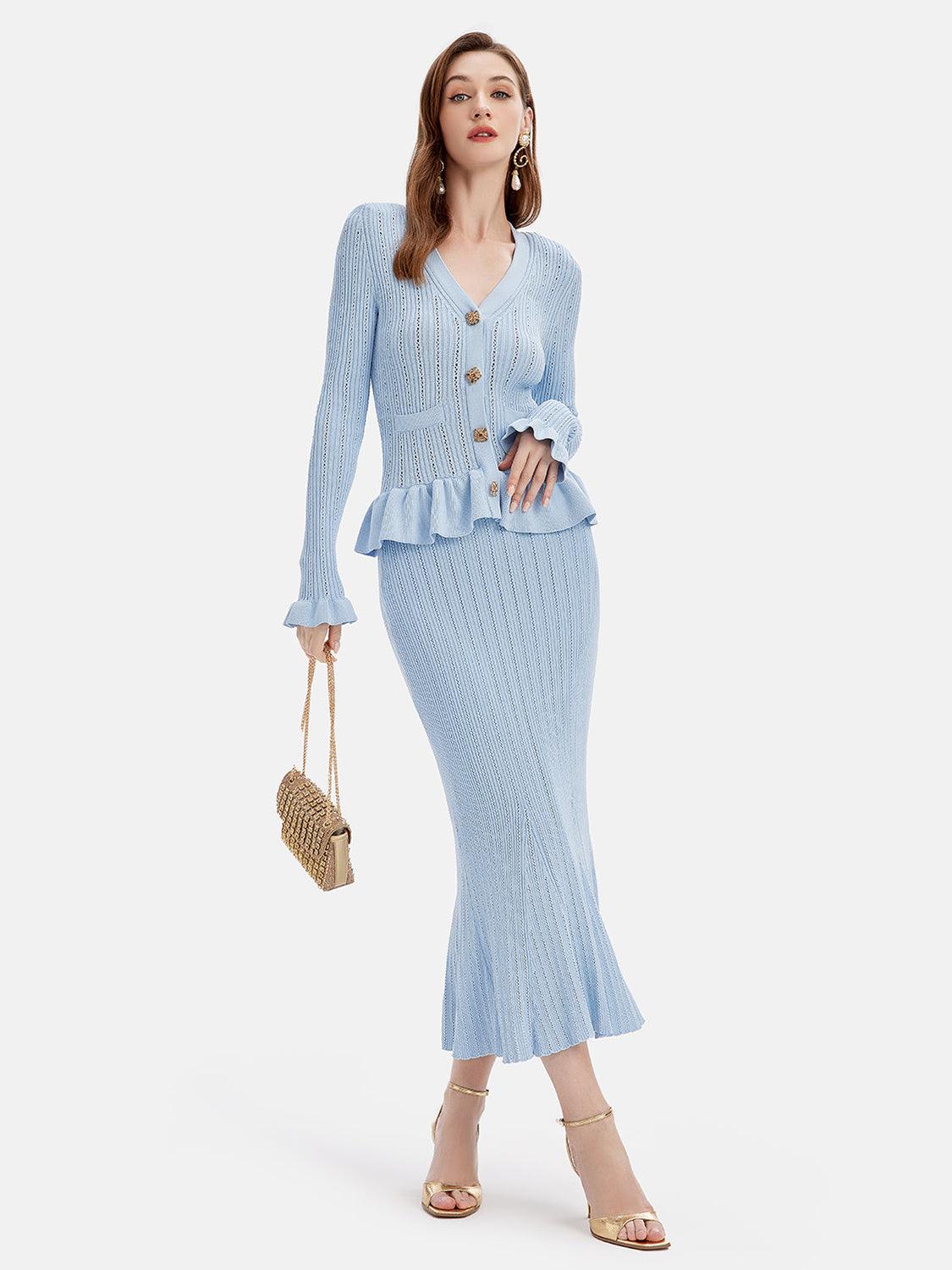Ruffled V-Neck Top and Midi Skirt Sweater Set Light Blue One Size