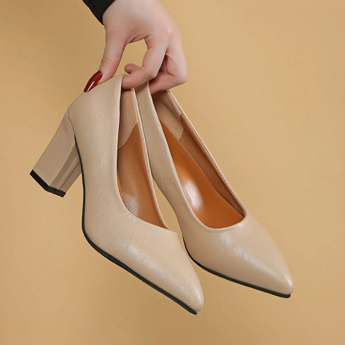 Point Toe Block Heels Pumps Tan