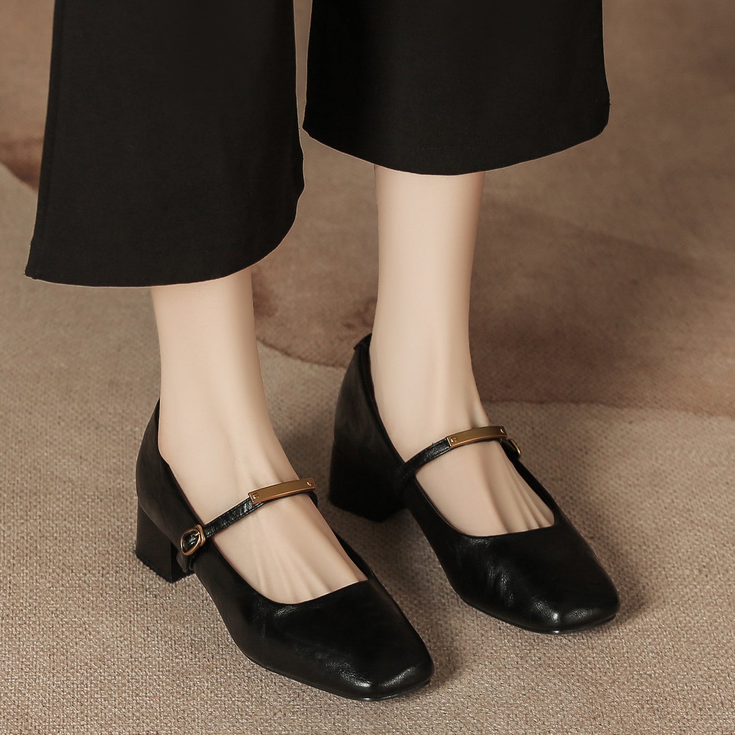 Square Toe Block Heel Pumps Black