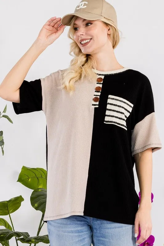 Celeste Full Size Rib Contrast Short Sleeve T-Shirt Plus SIze
