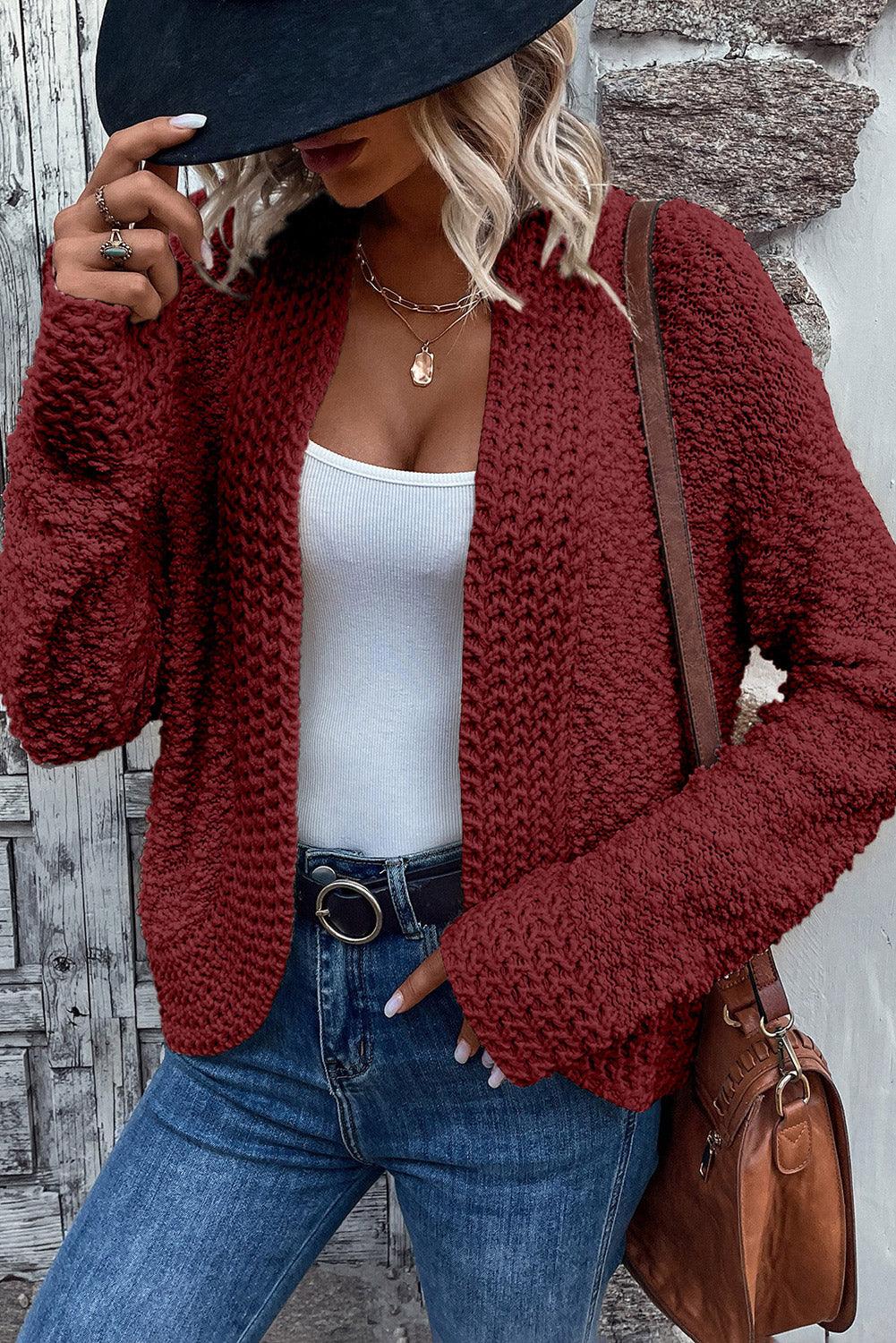 Solid Color Open Front Cardigan Burgundy