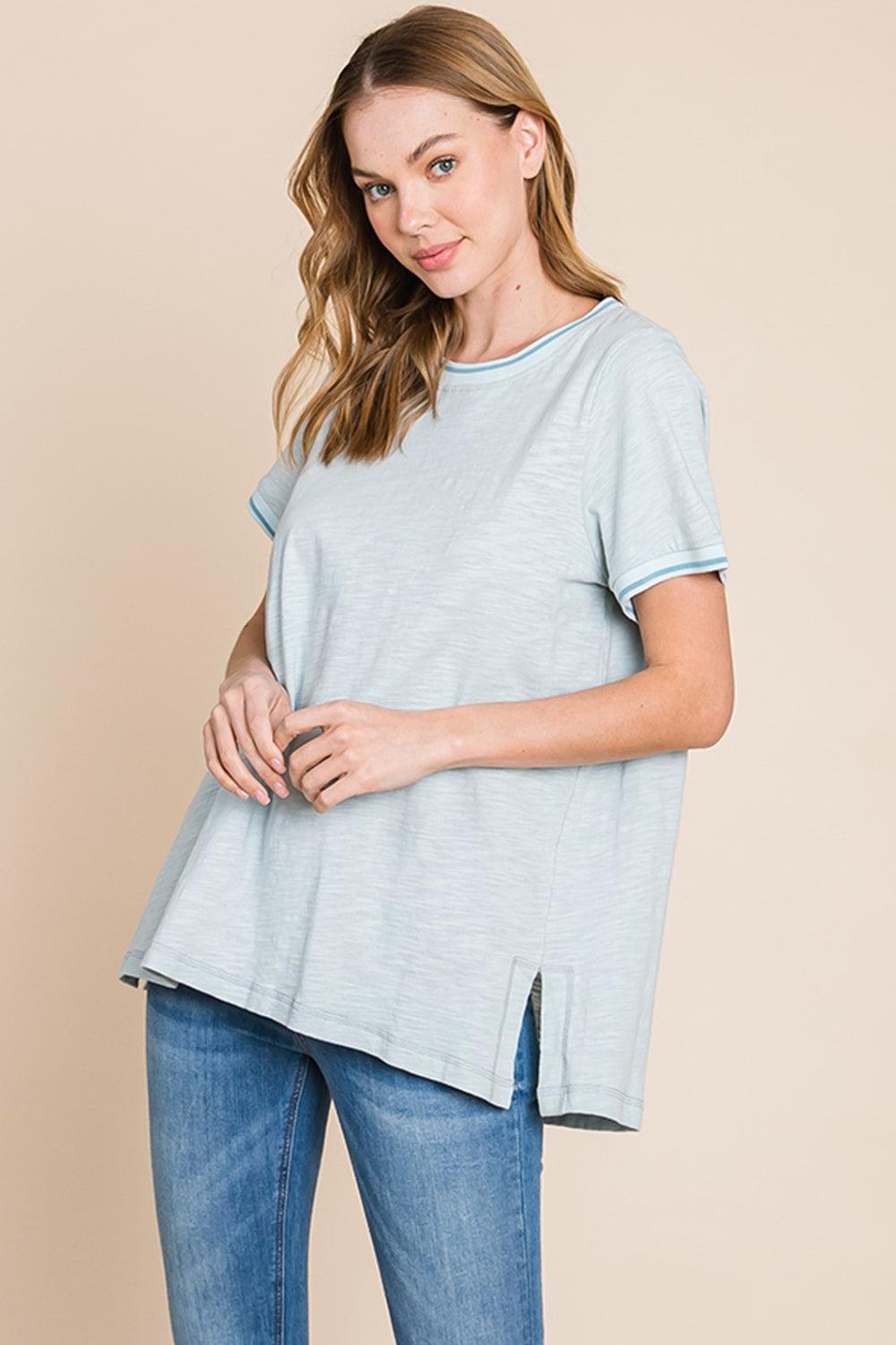 Cotton Bleu by Nu Lab Contrast Trim Short Sleeve Slit T-Shirt Seafoam