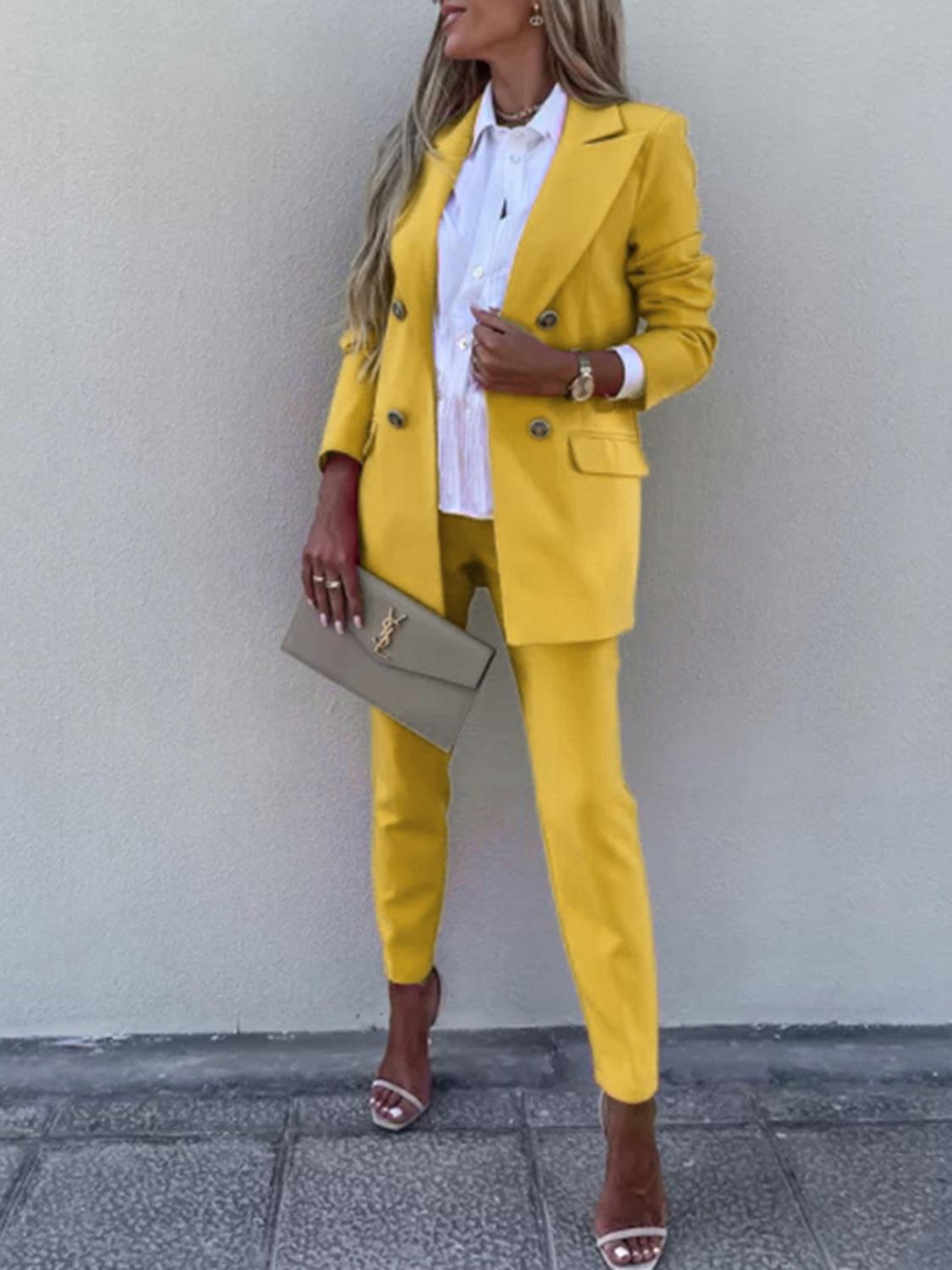 Lapel Collar Long Sleeve Blazer and Pants Set Chartreuse