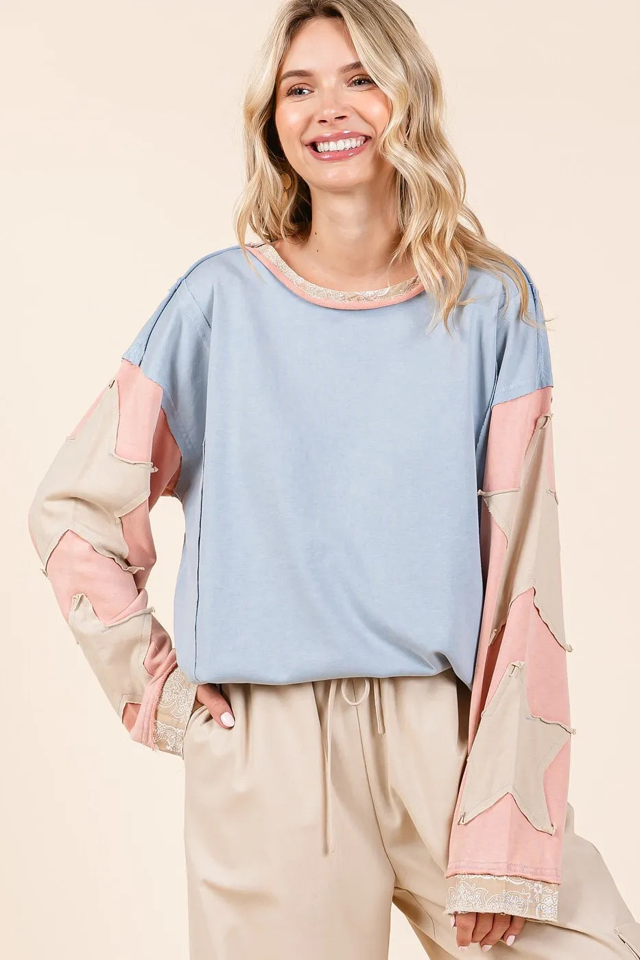 Mittoshop Star Patch Long Sleeve Colorblock Mineral Wash Top BLUE