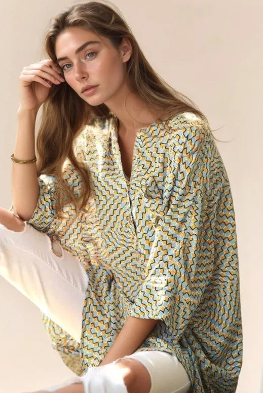 Davi & Dani Geo Printed Relaxed Fit Flowy Button Down Shirt