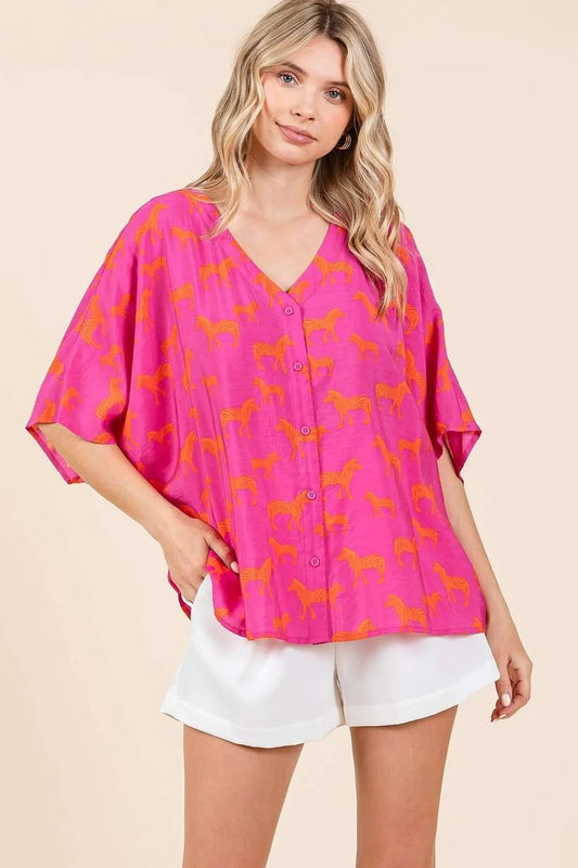 Mittoshop Zebra Print V-Neck Button Down Dolman Sleeve Top FUCHSIA