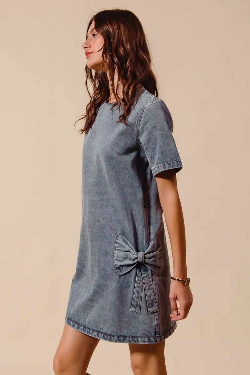 SO ME Bow Ribbon Knot Applique Denim Mini Dress