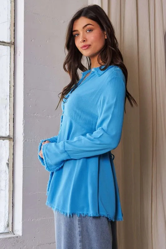 Davi & Dani V-Neck Open Back Adjustable Babydoll Shirt