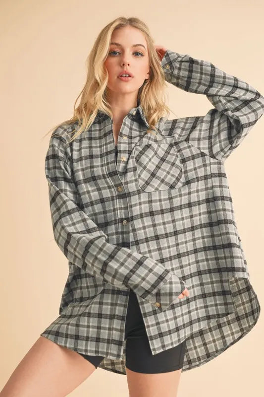 Aemi + Co Plaid Button Up Flannel Shirt with Chest Pocket Sky