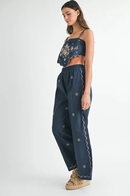 MABLE Linen Embroidered Scarf Top and Pants Set