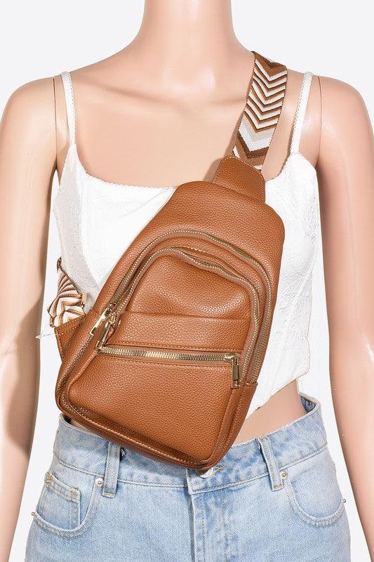 Fame PU Leather Chevron Strap Crossbody Bag Caramel One Size