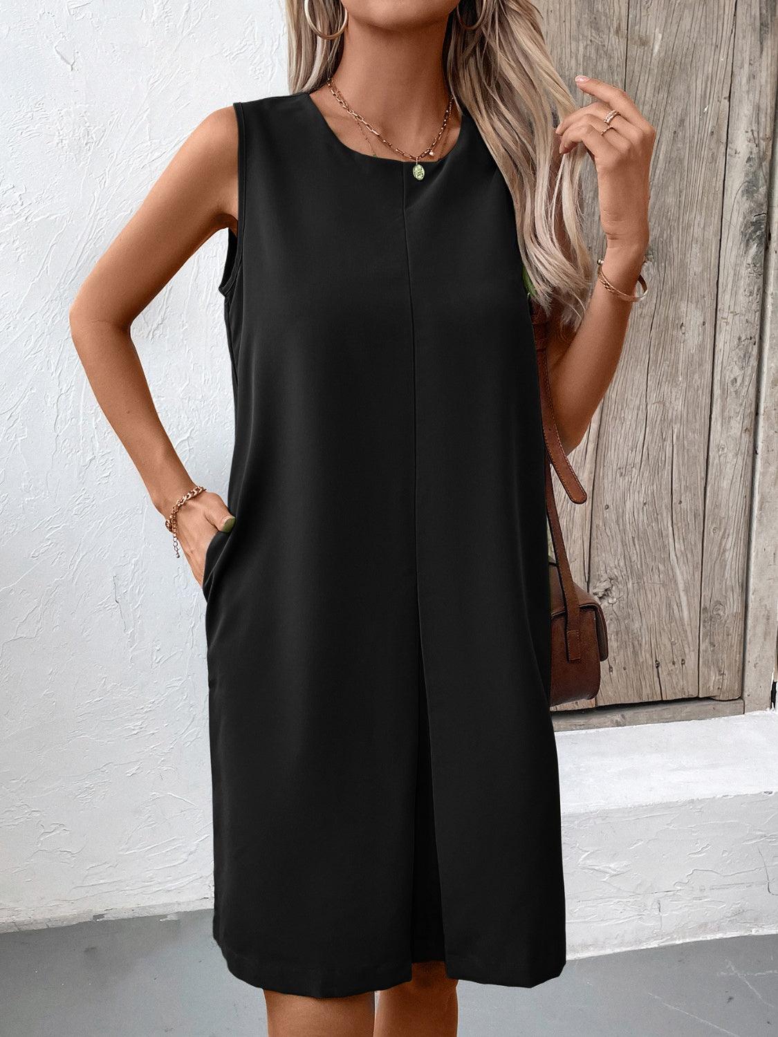 Ivy Lane Pocketed Round Neck Sleeveless Mini Dress Black