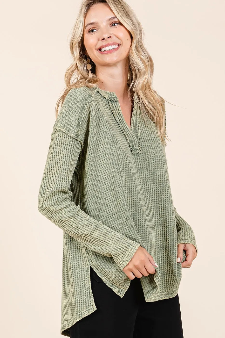 Mittoshop Mineral Wash Waffle Knit V-Neck Long Sleeve Top