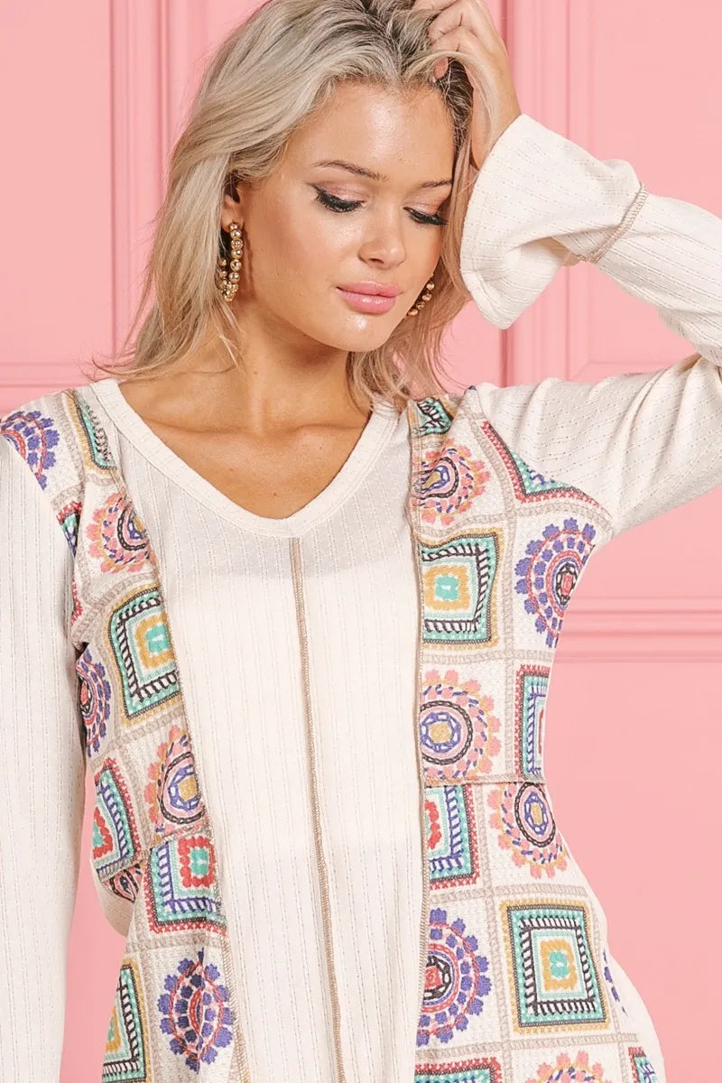 BiBi Granny Square Print Contrast Annie Rib V Neck Top