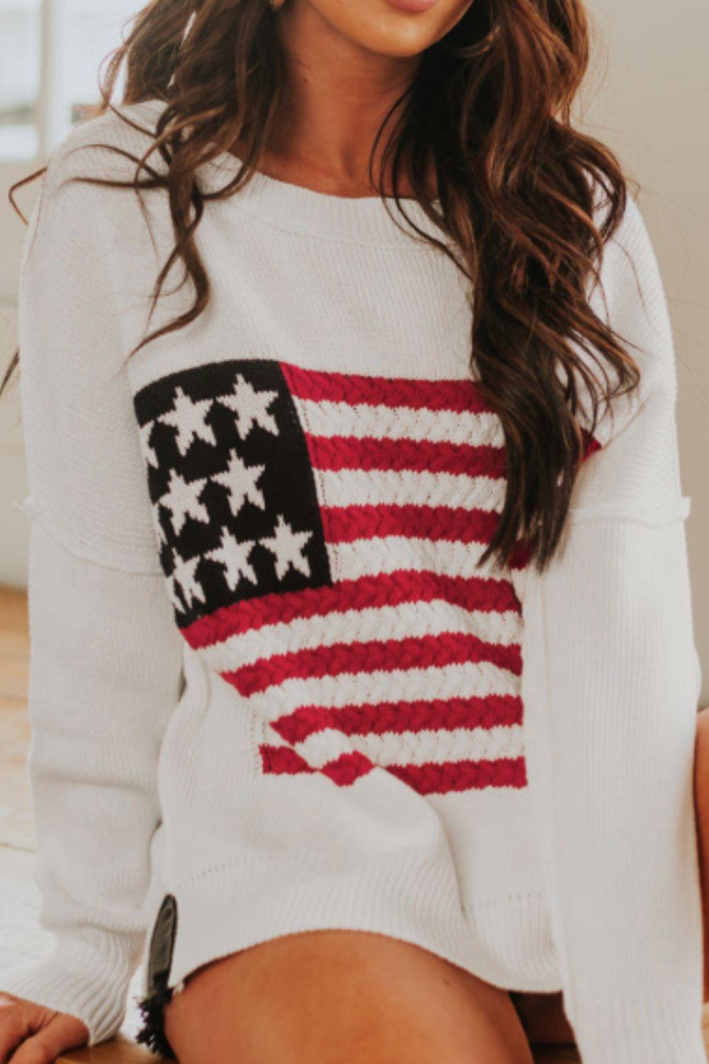 US Flag Side Slit Drop Shoulder Sweater White