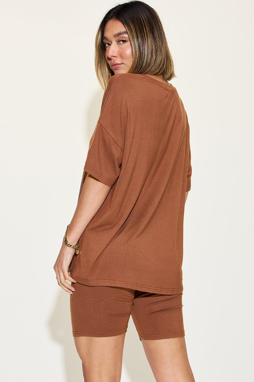 Basic Bae V-Neck T-Shirt and Shorts Set - Full Size Drop Shoulder Outfit