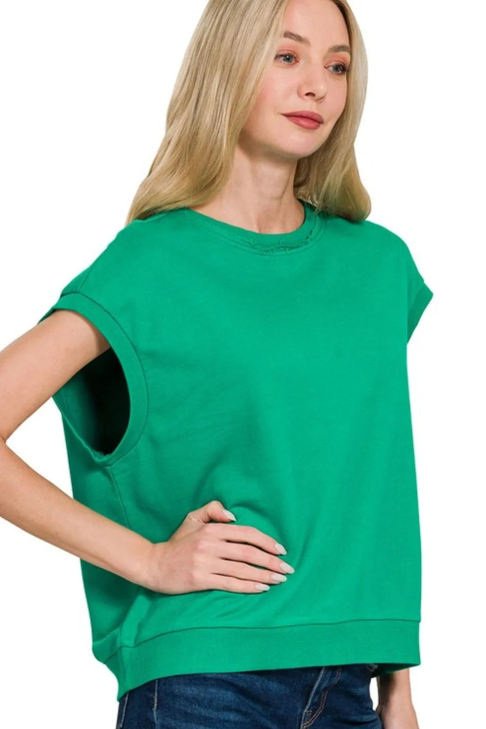 Zenana French Terry Round Neck Cap Sleeve T-Shirt K GREEN