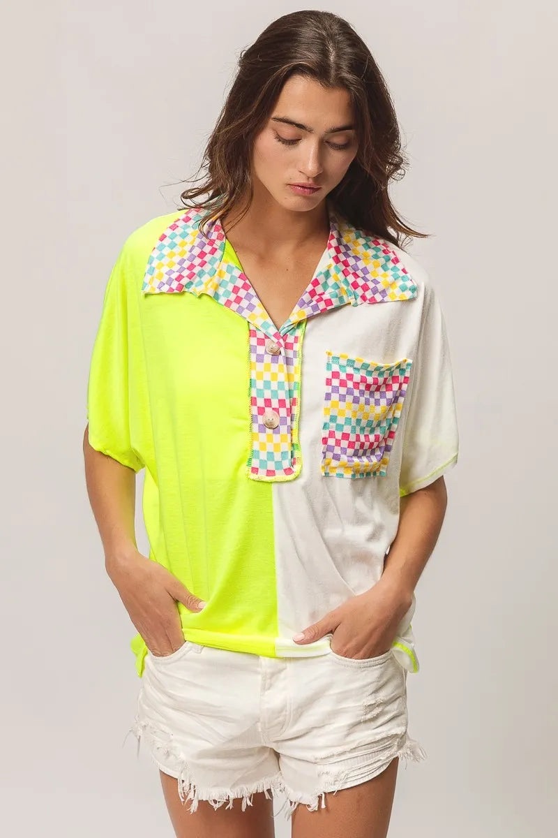 BiBi Color Block Knit with Multi Checker Contrast Top