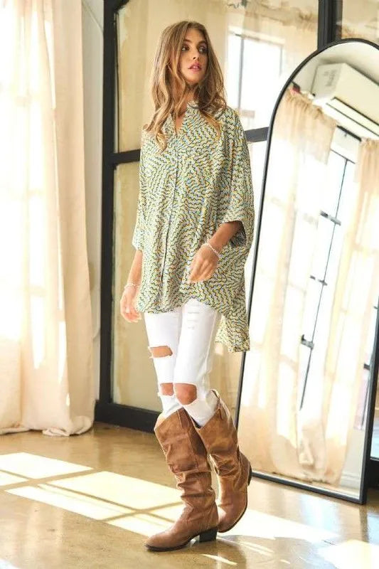 Davi & Dani Geo Printed Relaxed Fit Flowy Button Down Shirt