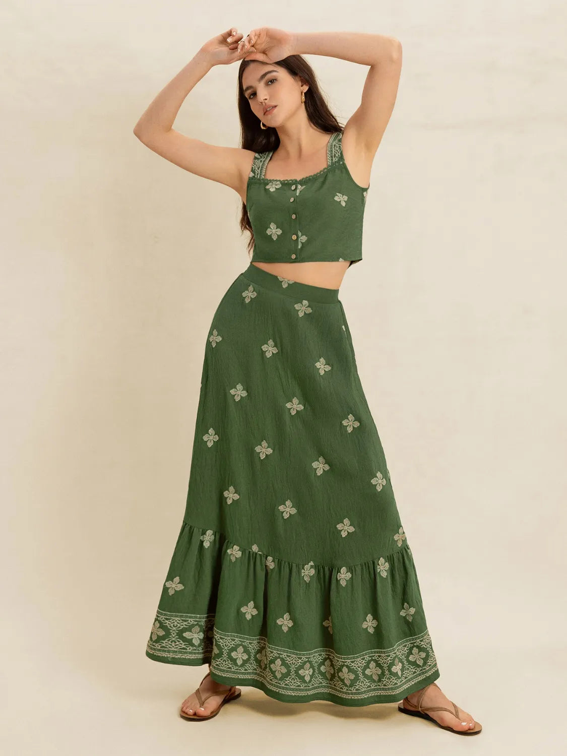 Embroidered Square Neck Cami and Skirt Set