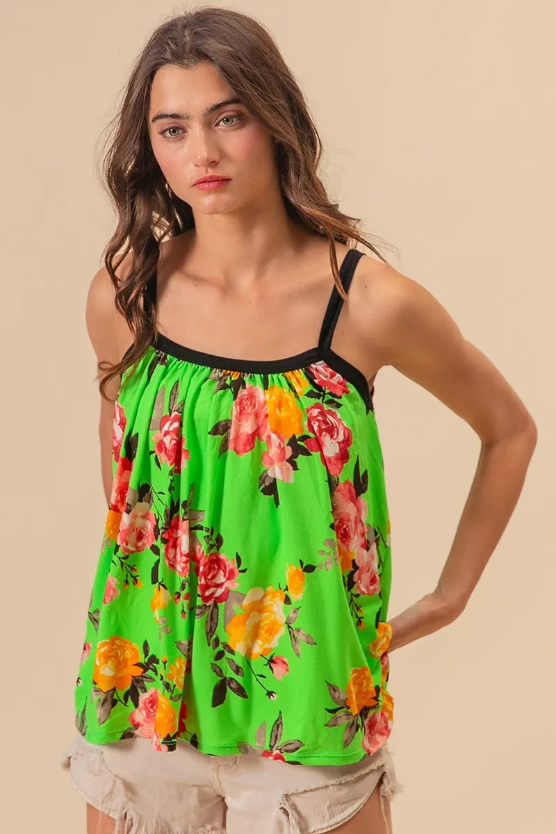 BiBi Floral Print Jersey Knit Gathering Cami Top NEON LIME