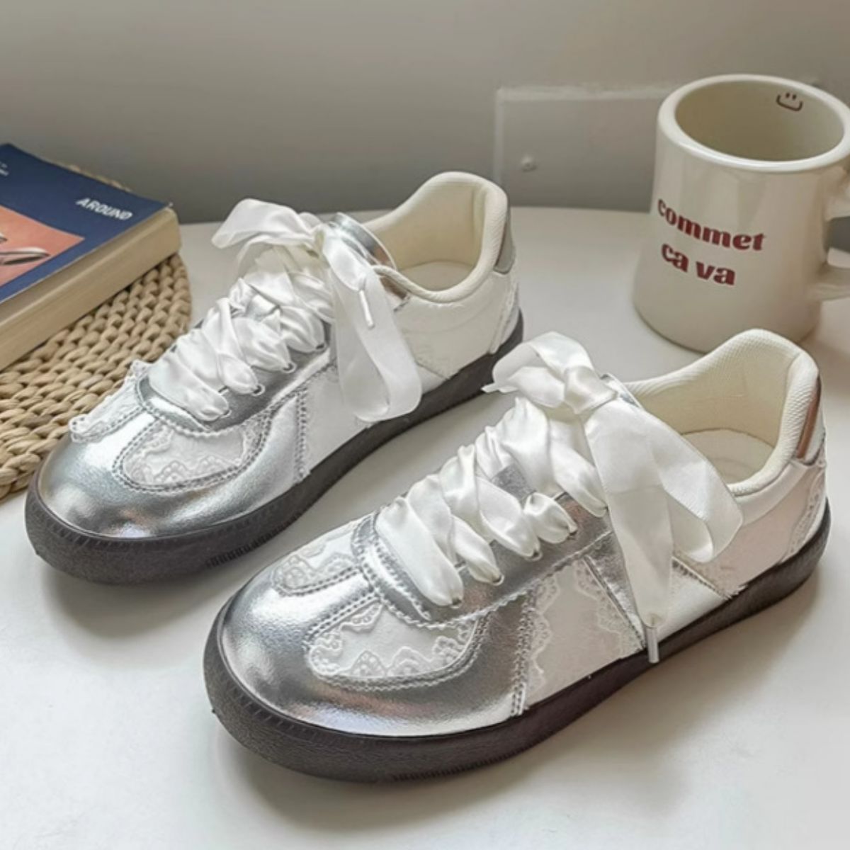 Round Toe Flats Sneakers Silver