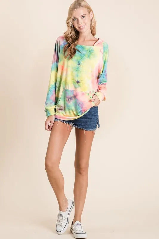 BiBi Tie Dye Terry Hoodie with Kangaroo Pocket LIME PINK PURPLE