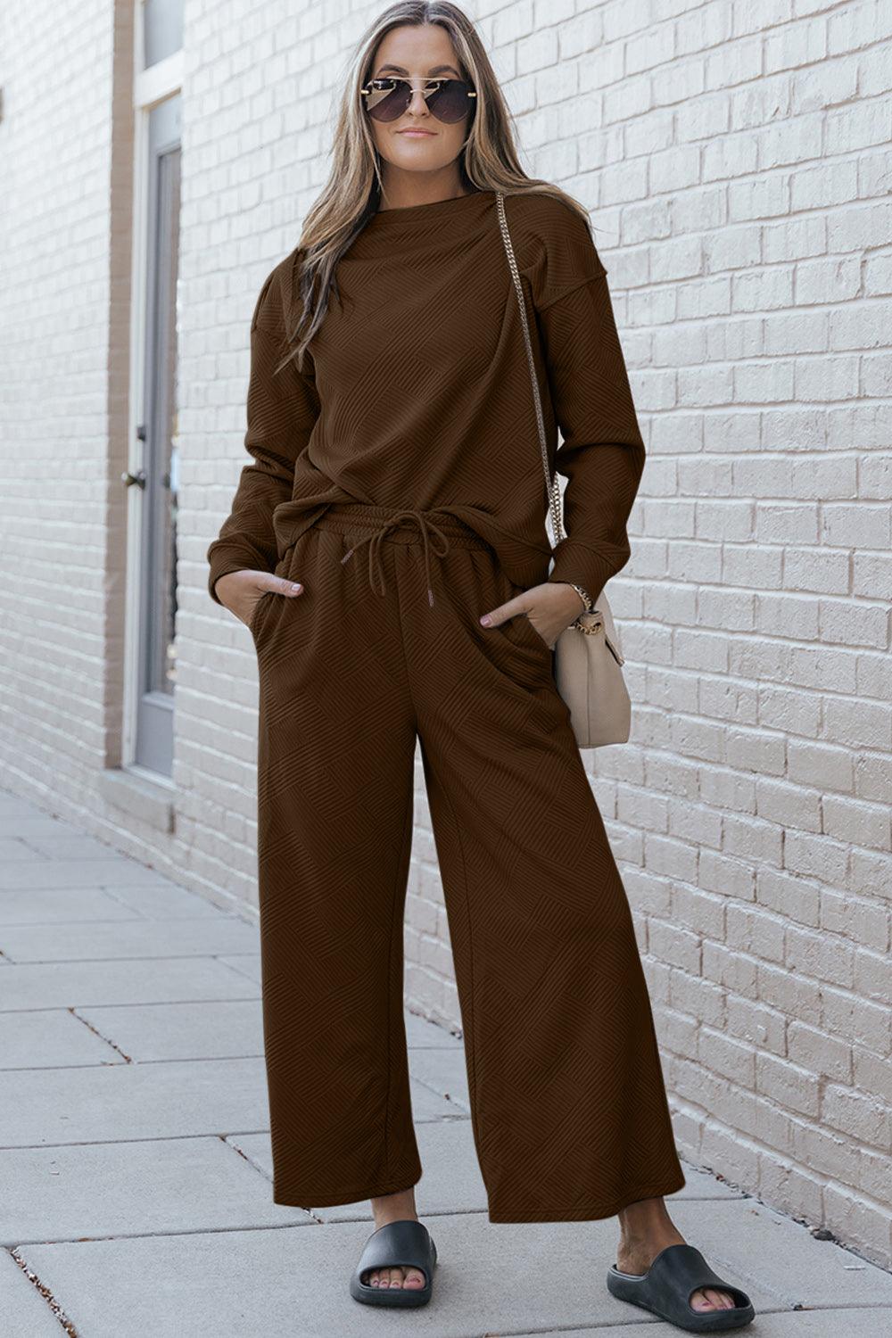 Double Take Full Size Textured Long Sleeve Top and Drawstring Pants Set Brown