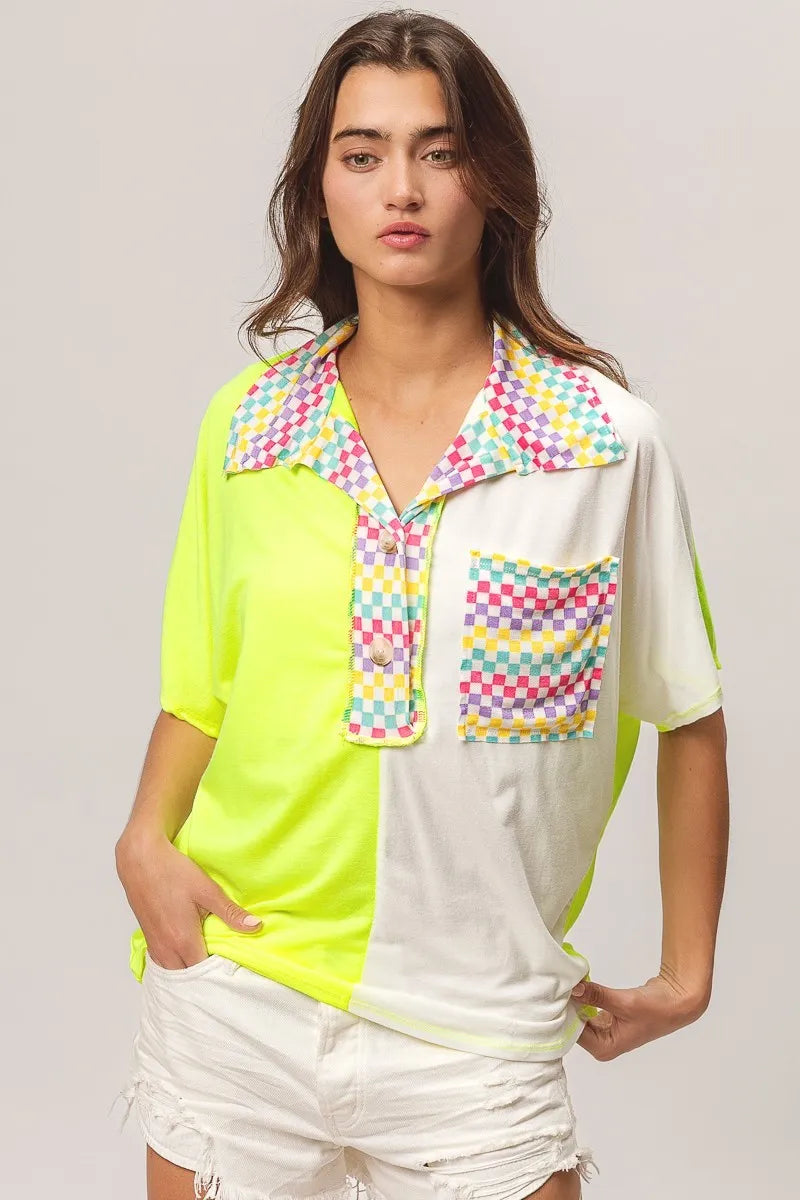 BiBi Color Block Knit with Multi Checker Contrast Top