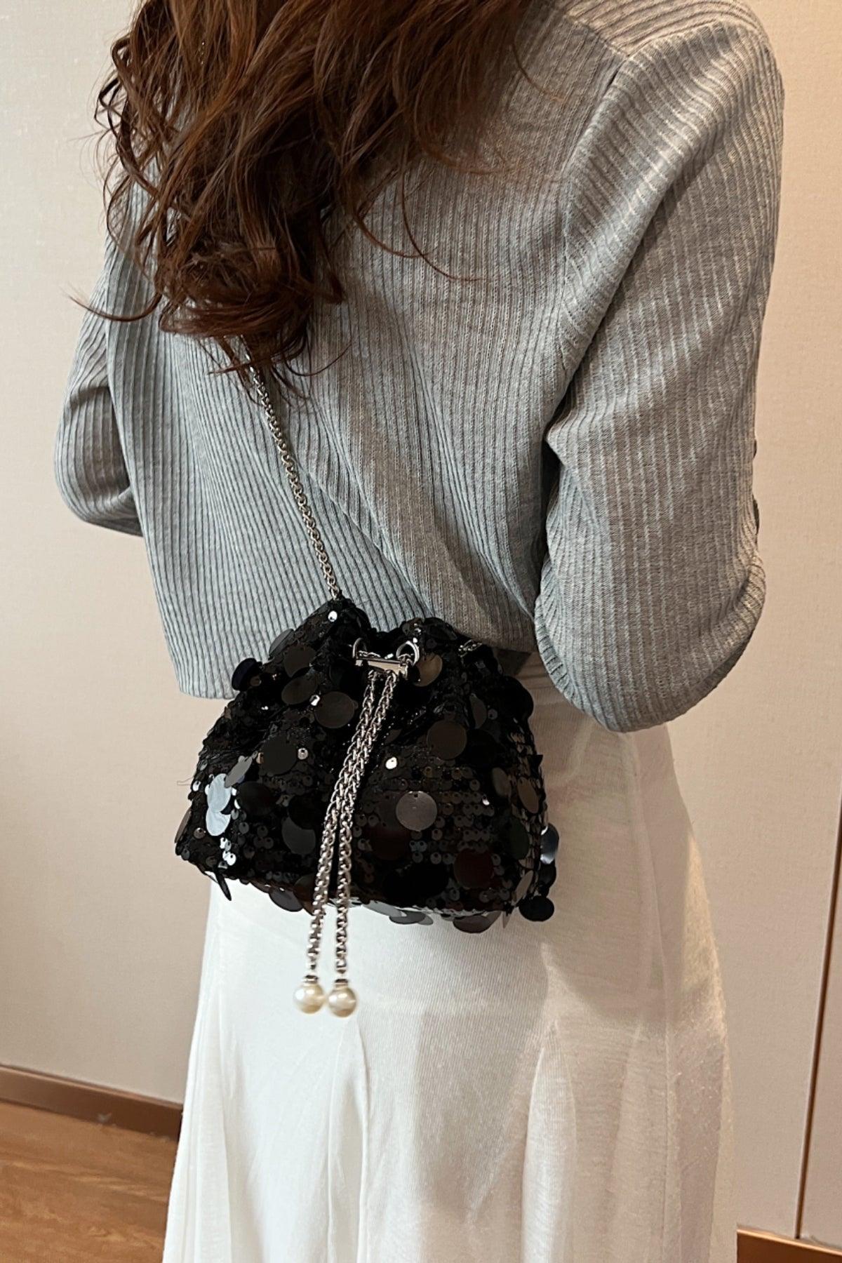 Drawstring Sequin Crossbody Bag Black One Size