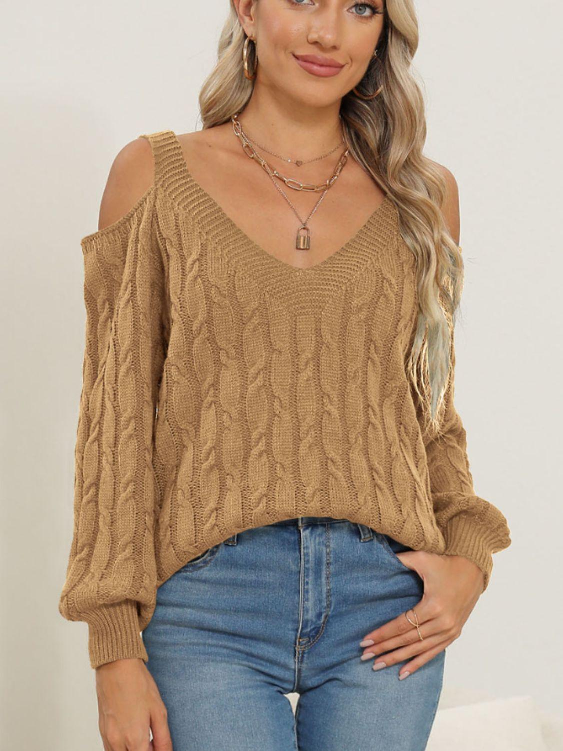 Cable-Knit V-Neck Long Sleeve Sweater Camel