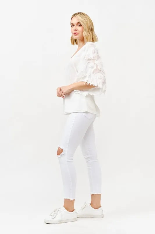 And The Why Feather Detailed 3/4 Sleeve Slub Top