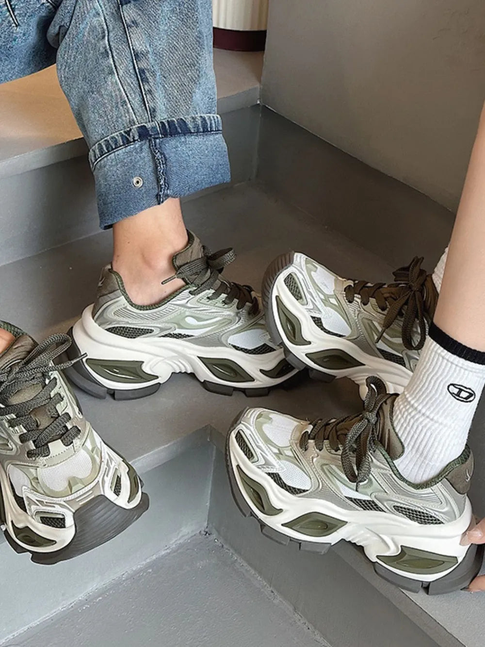 Breathable Chunky Platform Sneakers Sage