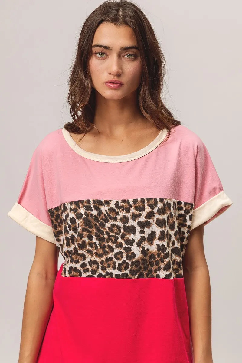 BiBi Leopard Printed Jersey Color Block Roll Up