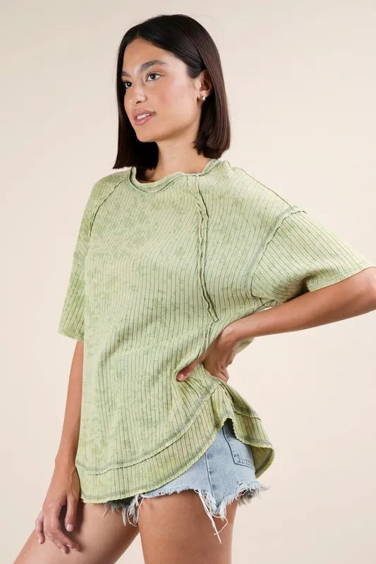 VERY J Mineral Washed Ribbed Knit Casual Top