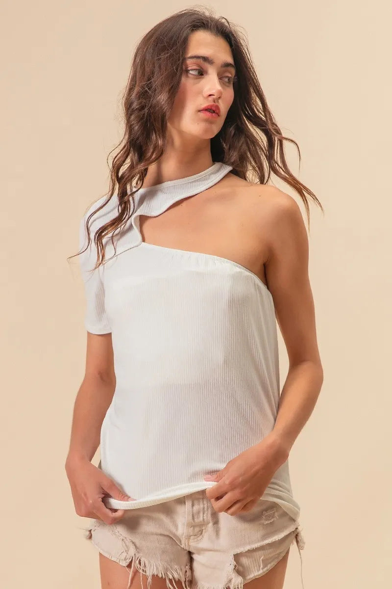 BiBi Soft Rib Knit with Cut Out One Shoulder Top