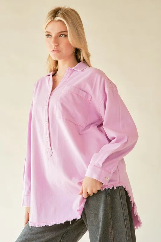 Davi & Dani Letter Back Raw Hem Half Button Shirt
