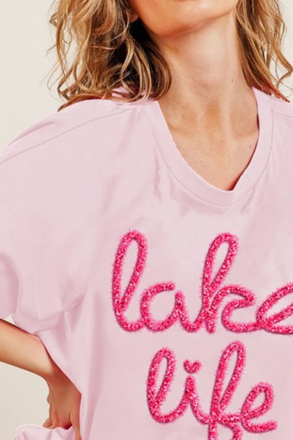 BiBi Metallic Letter Short Dolman Sleeve Top