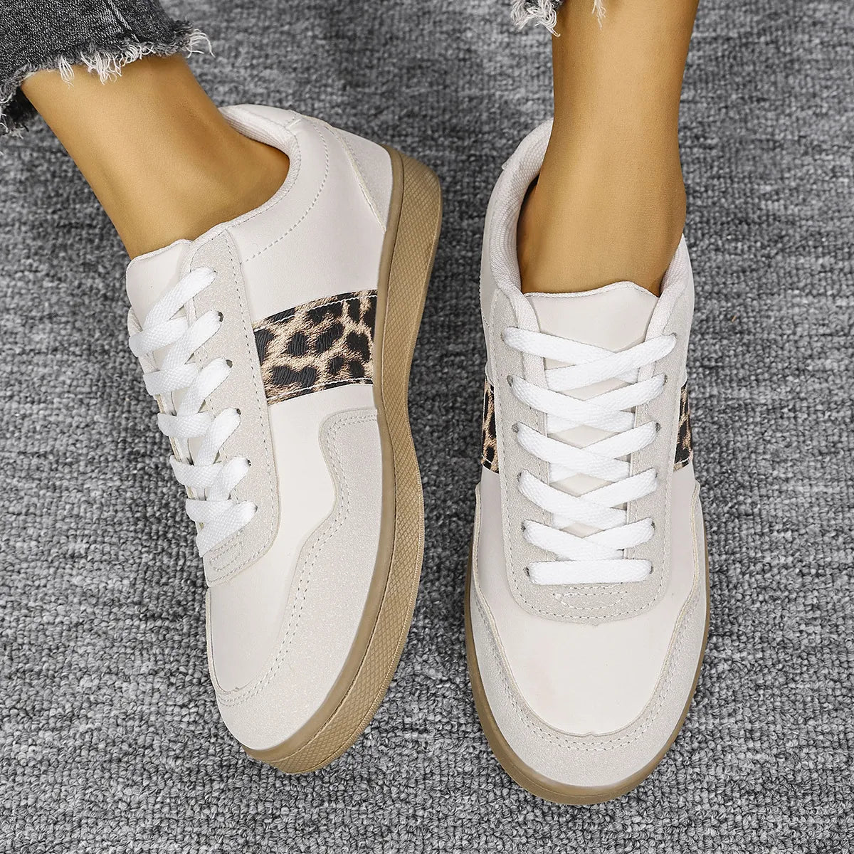 Leopard Lace Up Round Toe Sneakers White