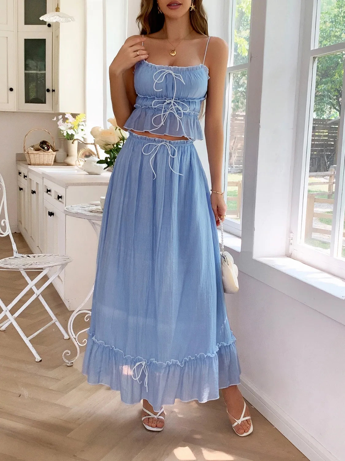 Frill Square Neck Cami and Skirt Set Light Blue