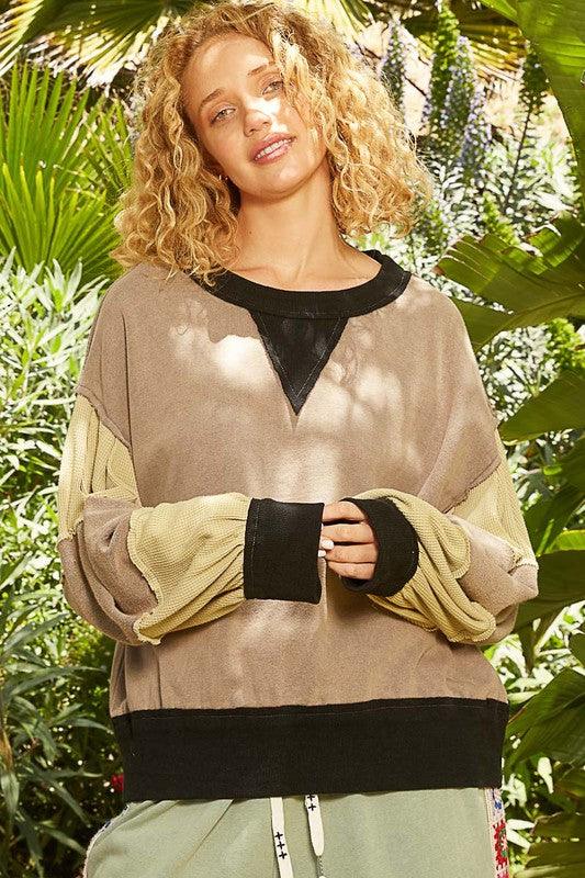 POL Waffle-Knit Detail Color Block Round Neck Sweatshirt Mocha