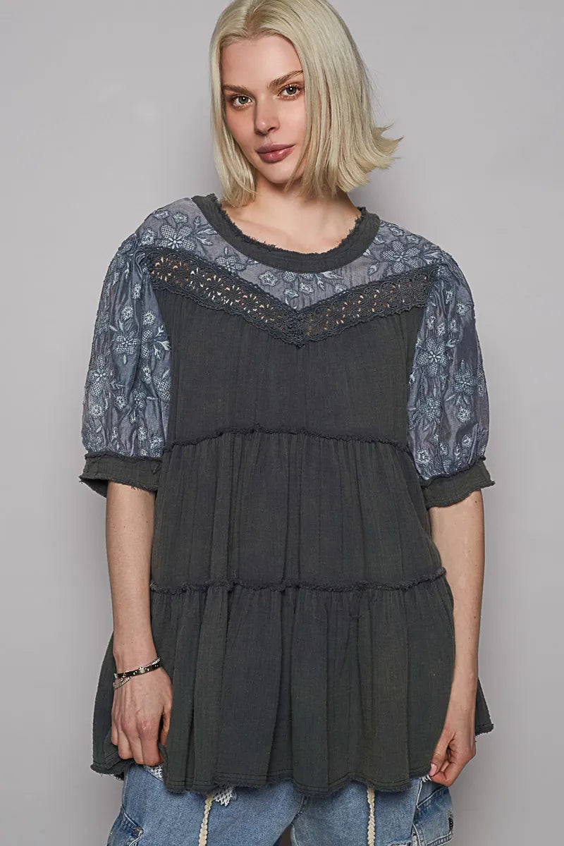 POL Lace Detail Tiered Round Neck Half Sleeve Blouse