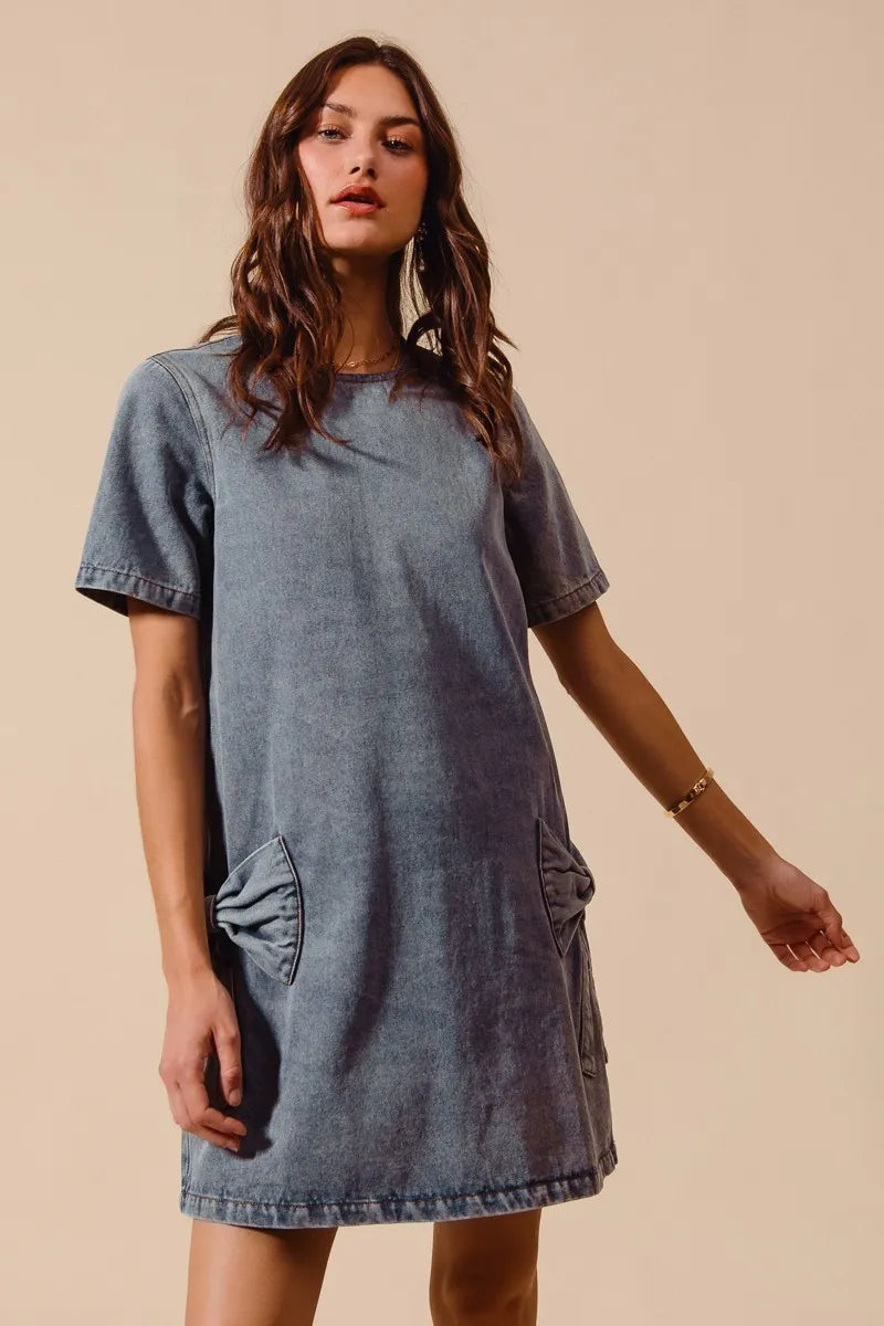 SO ME Bow Ribbon Knot Applique Denim Mini Dress