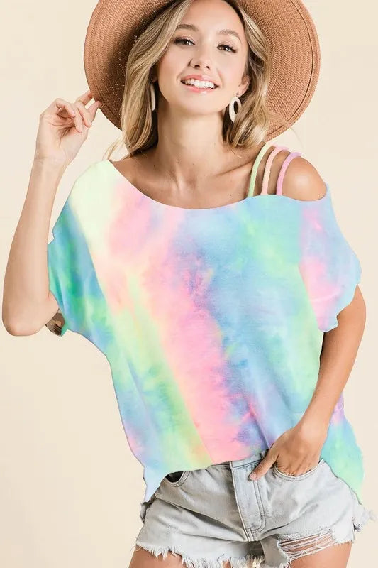 BiBi Tie Dye French Terry Strapped One Shoulder Top PASTEL TIEDYE