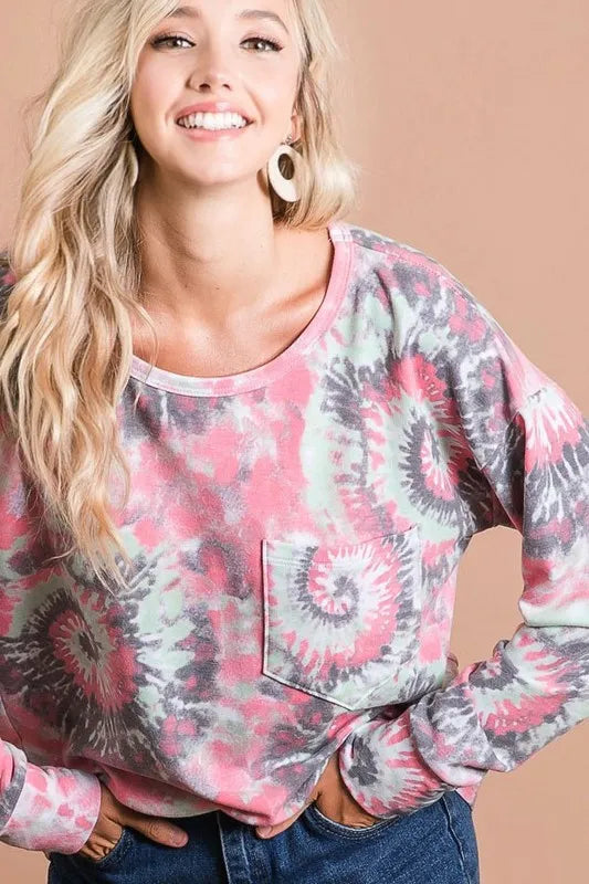 BiBi Tie Dye Print Terry Top with Front Patch Pocket