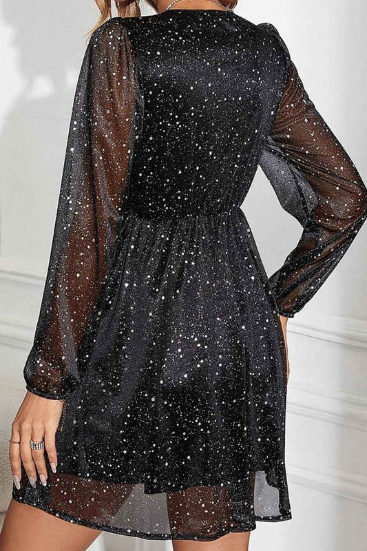 Glitter Mini Dress - Surplice Long Sleeve Mini Dress for Sparkling Style