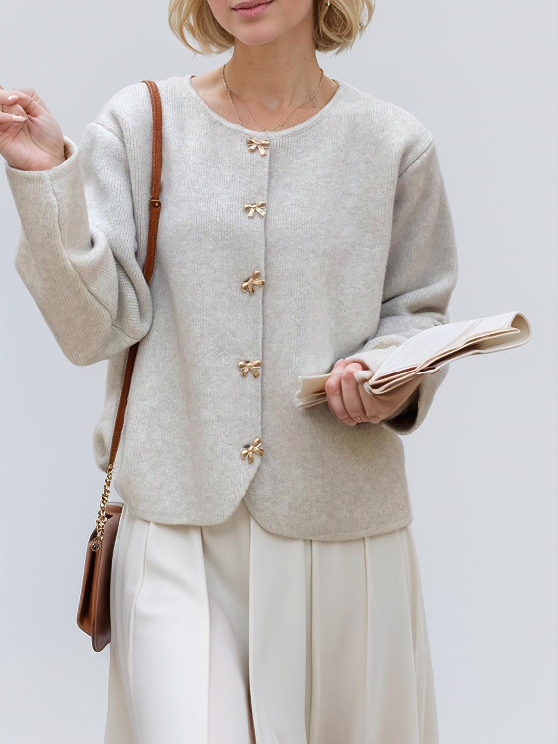 Bow Button Down Round Neck Long Sleeve Cardigan Light Gray One Size