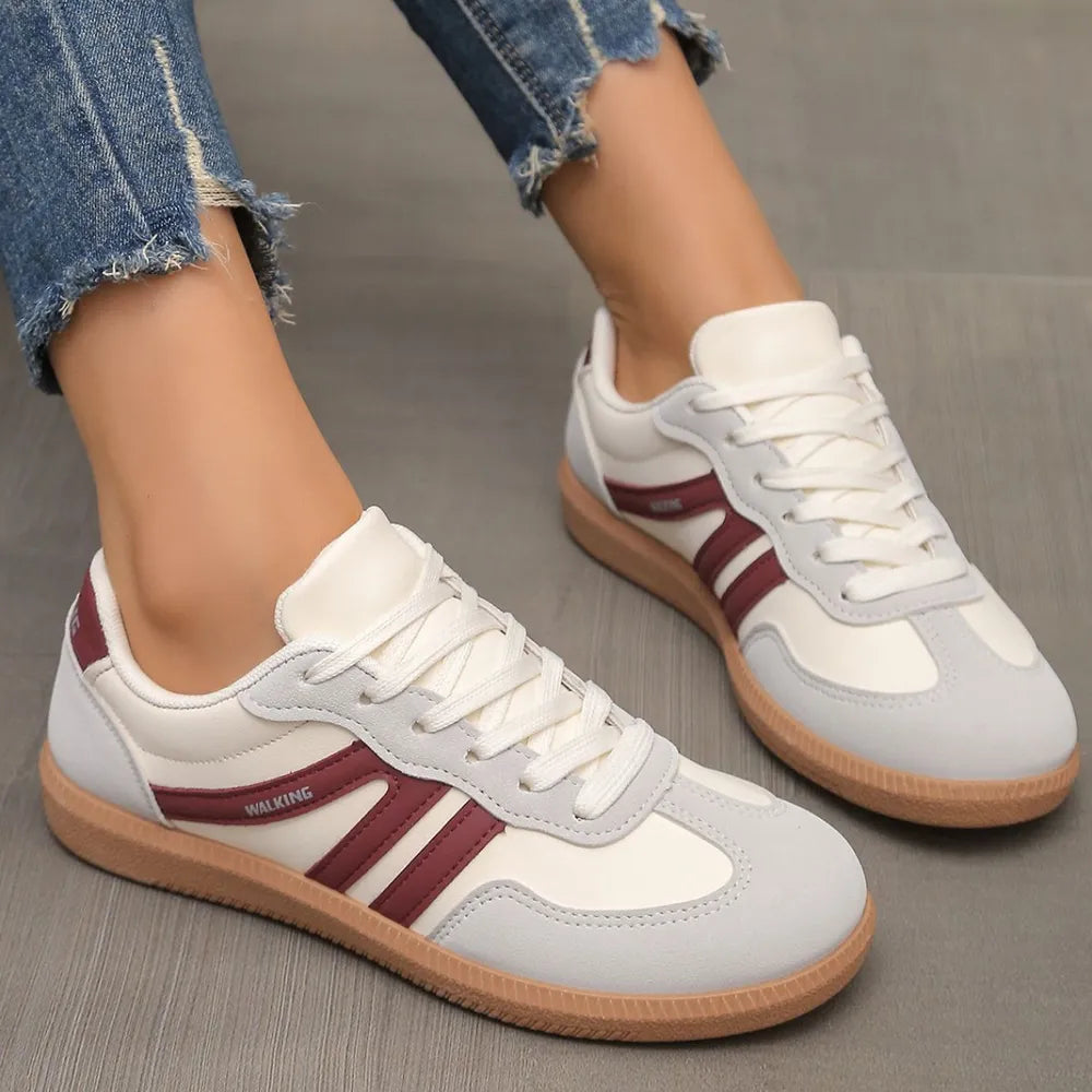 Contrast Lace Up Round Toe Sneakers Burgundy